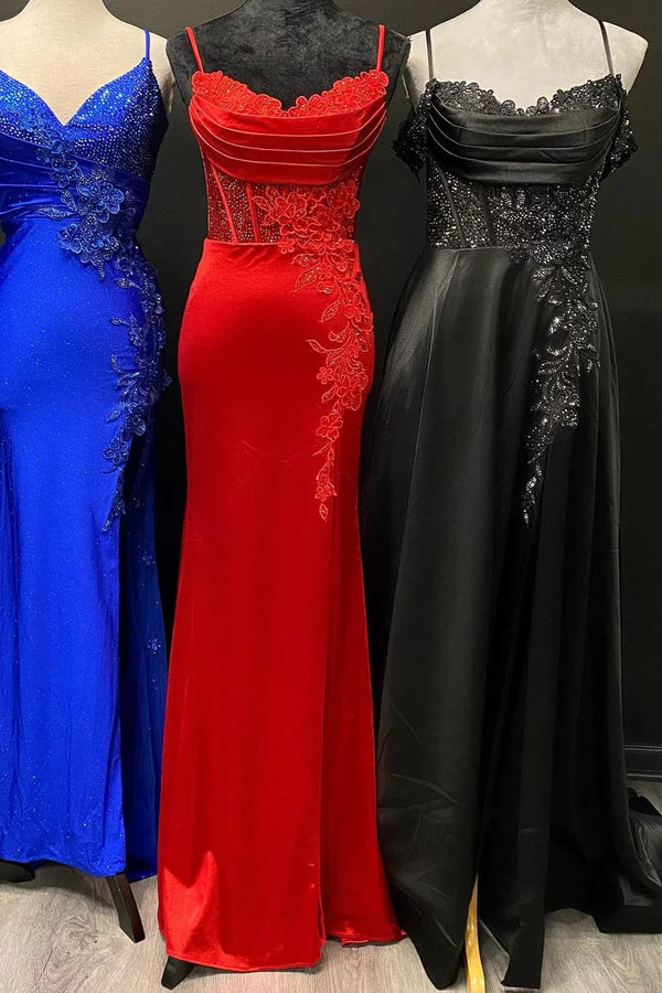 Wholesale Red Spaghetti Strap Appliques Mermaid Long Dress with Slit