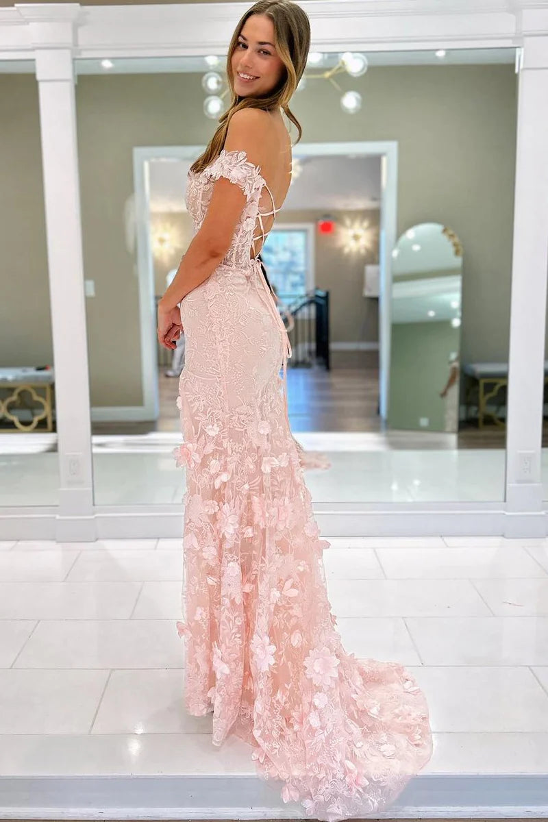 Wholesa Light Pink Off the Shoulder Lace Appliques Mermaid Long Prom Dresses