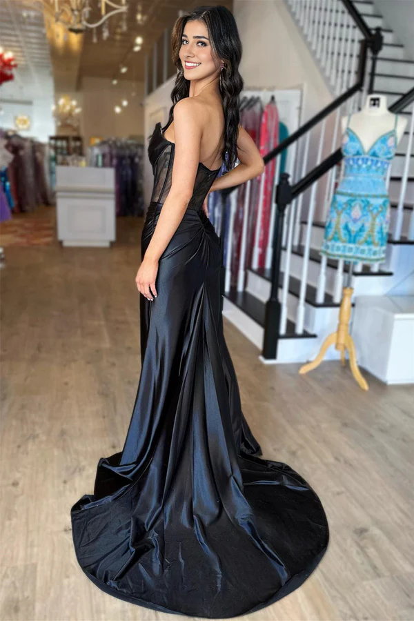 Wholesale Elegant Strapless Pleated Evening Dress Boning Sheer Long Prom Dress with Slit