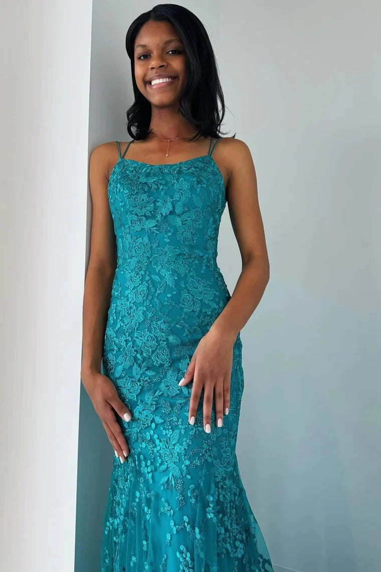 Wholesa Turquoise Appliques Lace-Up Trumpet Long Prom Dress