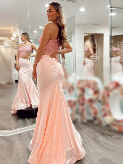 Wholesale Fashion Evening Dress Pink Glitter Mermaid One Shoulder Cutout Long Prom Dress