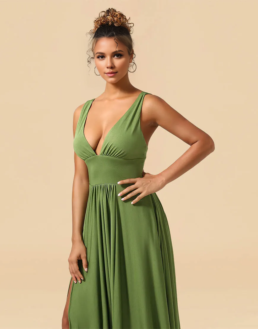 Wholesale Bridesmaid Dress A-Line Deep V-neck Floor Length Spandex with Split