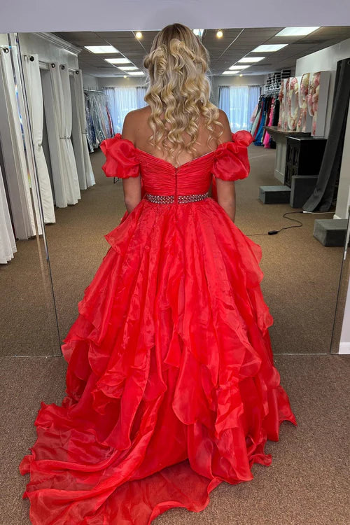 Wholesale Red Off-the-Shoulder Evening Dress Layers Beaded Tulle Long Prom Dress