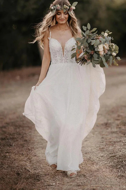 Wholesale Elegant A-Line V-Neck Chiffon Long Wedding Dresses with Appliques