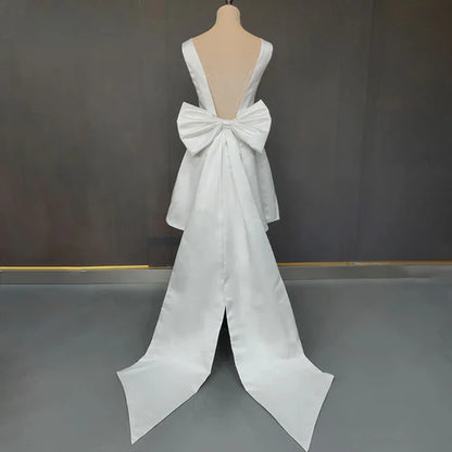 Wholesale Elegant A-Line Satin V-Neck Short Wedding Dress with Large Bow