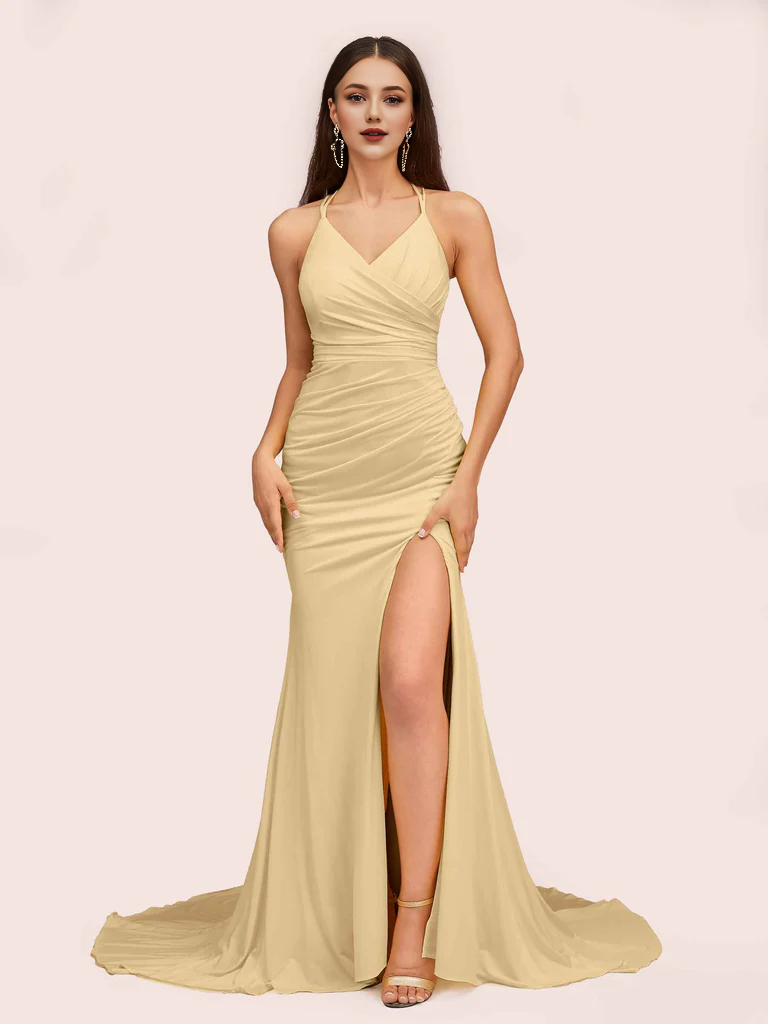 Wholesale Bridesmaid Dresses Spaghetti Straps Sleeveless With Slit