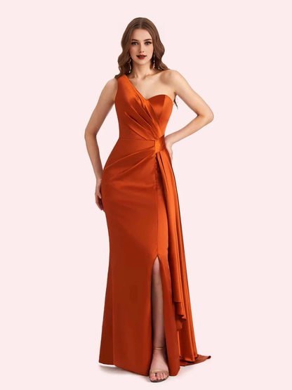 Wholesale One Shoulder Bridesmaid Dress Mermaid Side Slit Soft Satin For Wedding Online