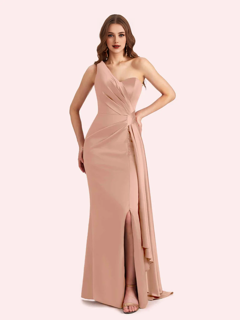 Wholesale One Shoulder Bridesmaid Dress Mermaid Side Slit Soft Satin For Wedding Online