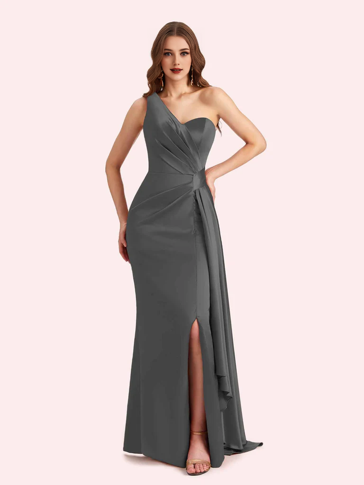 Simple Satin One Shoulder Mermaid Side Slit Long Bridesmaid Dresses Online, BG649
