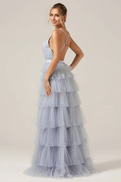 Wholesale Dusty Blue A-Line Prom Dresses Spaghetti Straps Tiered Long Tulle Maxi Dress