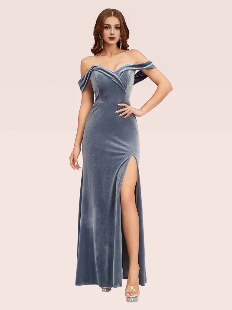 Wholesale Mermaid Velvet Bridesmaid Dresses Side Slit Off Shoulder Online