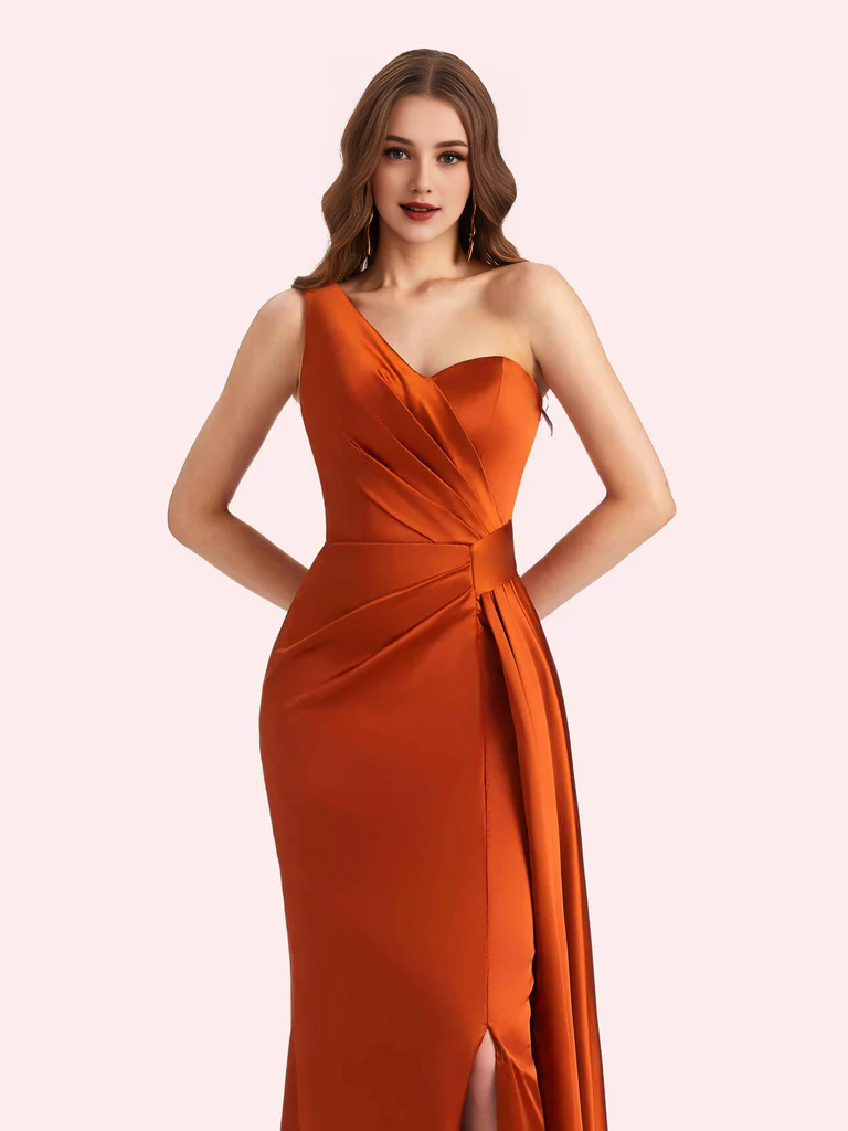 Wholesale One Shoulder Bridesmaid Dress Mermaid Side Slit Soft Satin For Wedding Online