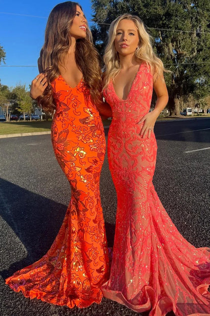 Wholesa Charming Mermaid Deep V Neck Orange Sequin Lace Long Prom Dress