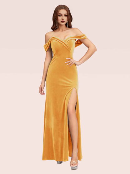 Wholesale Mermaid Velvet Bridesmaid Dresses Side Slit Off Shoulder Online