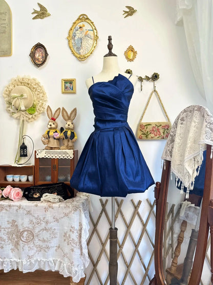 Aimishang Elegant Spaghetti Straps Satin Pleated Blue Sleeveless Short Formal Party Dress Classy Birthday Homecoming Dress