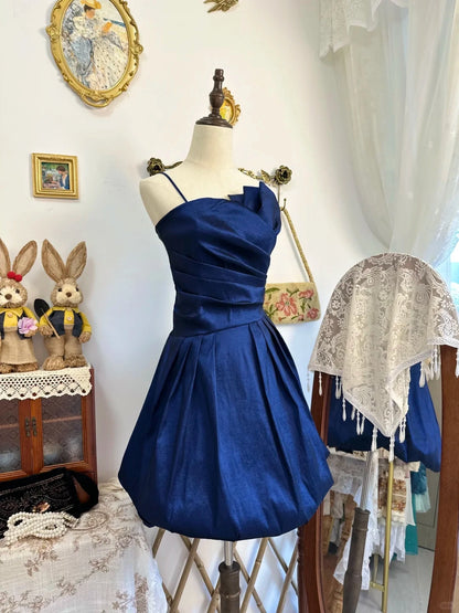 Aimishang Elegant Spaghetti Straps Satin Pleated Blue Sleeveless Short Formal Party Dress Classy Birthday Homecoming Dress