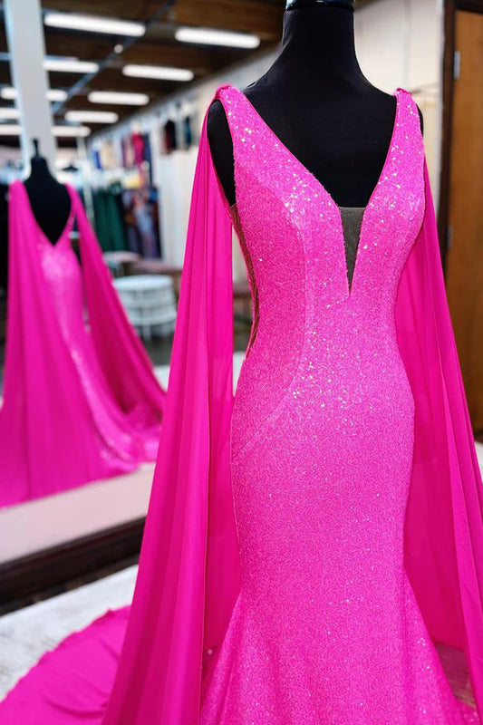 Wholesa Hot Pink Mermaid Sparkly Sequins Prom Dresses