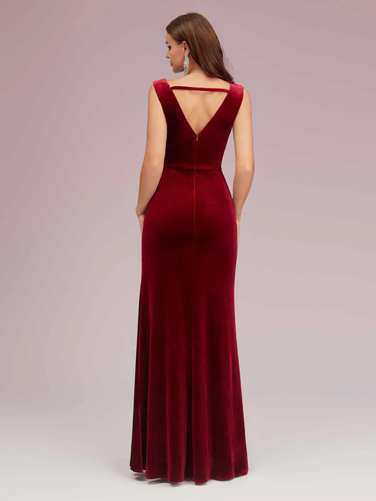 Wholesale Bridesmaid Dresses V Neck Long Velvet Online With Slit