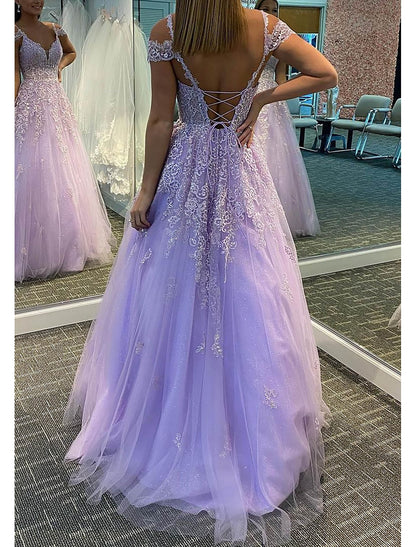 Wholesale A-Line Prom Dresses Dress For Formal Dresses Gowns Evening Dresses Wedding Guest Floor Length Sleeveless V Neck Tulle Backless with Pleats Appliques