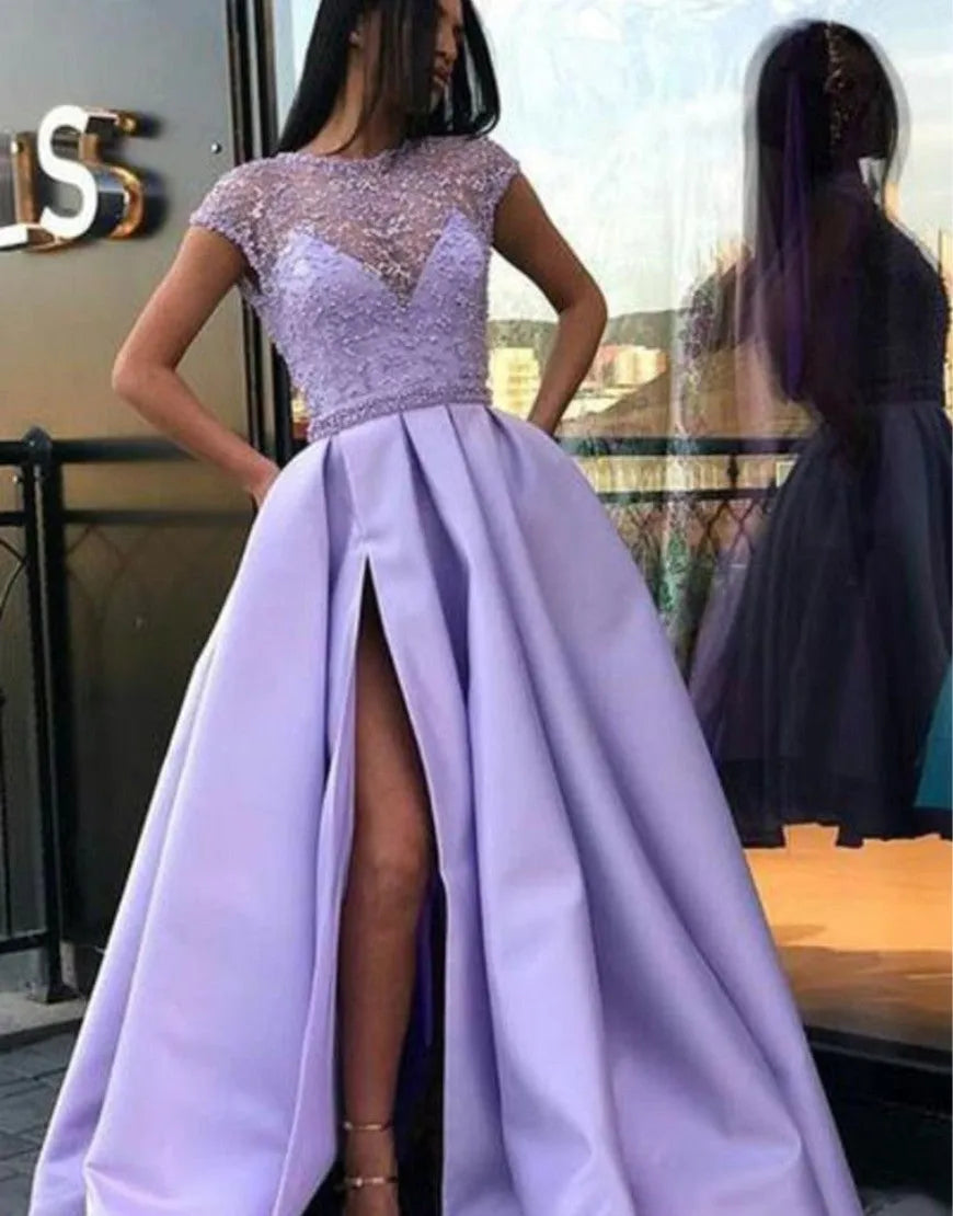 Wholesale Prom Dresses Short Sleeves Side Slit Evening