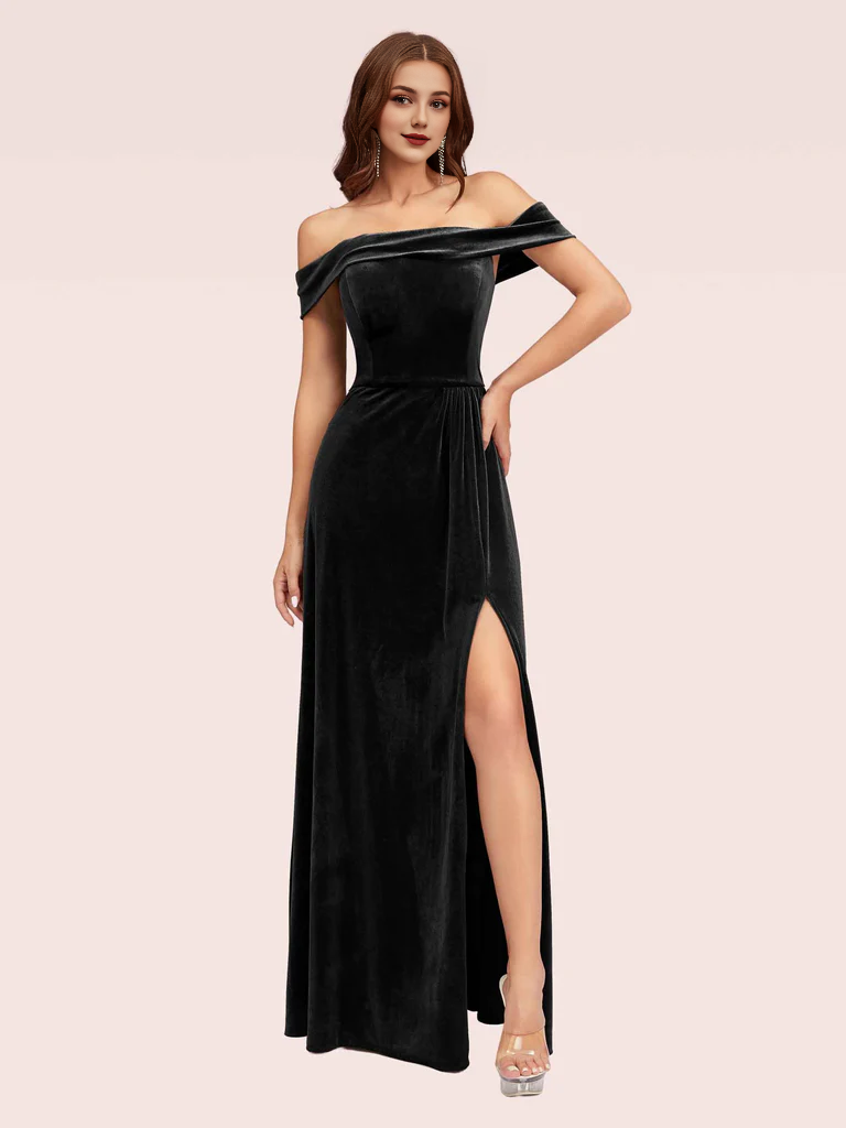 Wholesale Bridesmaid Dresses Elegant Stretch Velvet Off Shoulder Side Slit