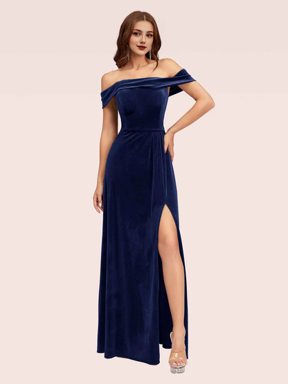 Wholesale Bridesmaid Dresses Elegant Stretch Velvet Off Shoulder Side Slit