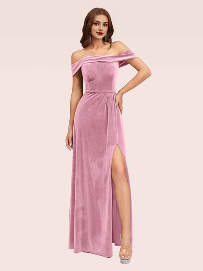 Wholesale Bridesmaid Dresses Elegant Stretch Velvet Off Shoulder Side Slit