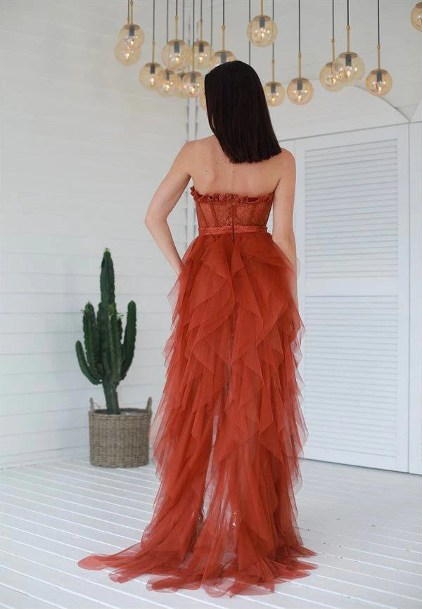 Wholesale Elegant Evening Dress Fashionable and Beautiful Rust Tiered Ruffles Tulle Prom Dress