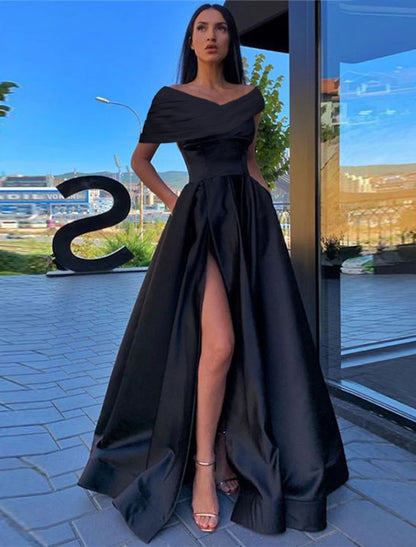 Wholesale A-Line Prom Dresses Black Formal Dress Dress Evening Wedding Guest Floor Length Short Sleeve Off Shoulder Satin with Ruched