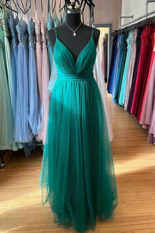 Wholesale Elegant Hunter Green A-line Plunging V Neck Double Straps Pleated Long Prom Dress