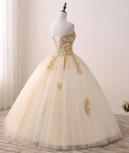 Beautiful Light Champagne Ball Gown Party Dress Sweet 16 dress with Gold Applique Prom Dress Wholesale