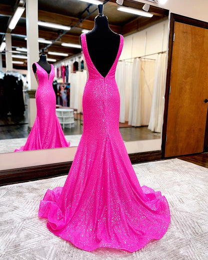 Wholesa Hot Pink Mermaid Sparkly Sequins Prom Dresses