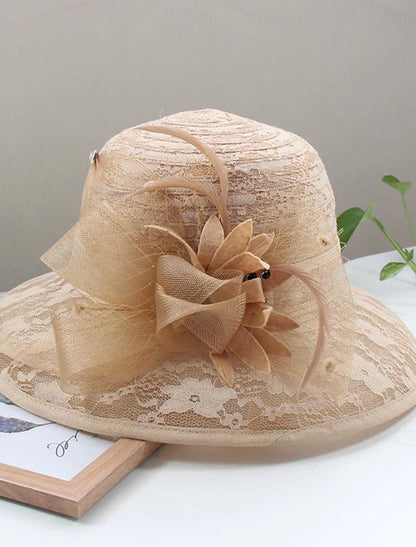 Wholesale Fascinators Hats Headwear Organza Bucket Hat Straw Hat Sun Hat Wedding Casual Holiday Tea Party Beach Elegant Vintage With Feather Bows Headpiece Headwear