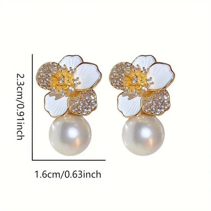 Wholesale 3 Pairs Of Elegant Enamel Flower And Faux Pearl Dangle Earrings Set, Vintage And Bohemian Style, Delicate Women's Gift