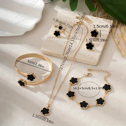 Wholesale 1 Pair Stud Earrings +1 Pc Necklace +1 Pc Bracelet +1 Pc Bangle +1 Pc Ring With Lucky Flower Design Alloy Jewelry Set Trendy Female Gift