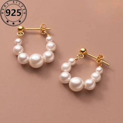 Wholesale 1 Pair S925 Sterling Silver Hoop Earrings, Fashionable Korean Style, Simple Faux Pearl Dangle Earrings for Women, Elegant Light Luxury Bead Design, Chic Personalized Ear Jewelry