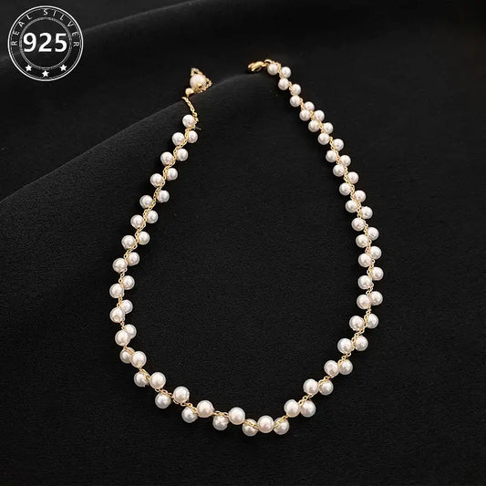 Wholesale s925 sterling silver French pearl necklace for women, light luxury niche design fairy style choker short shell pearl necklace