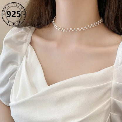 Wholesale s925 sterling silver French pearl necklace for women, light luxury niche design fairy style choker short shell pearl necklace