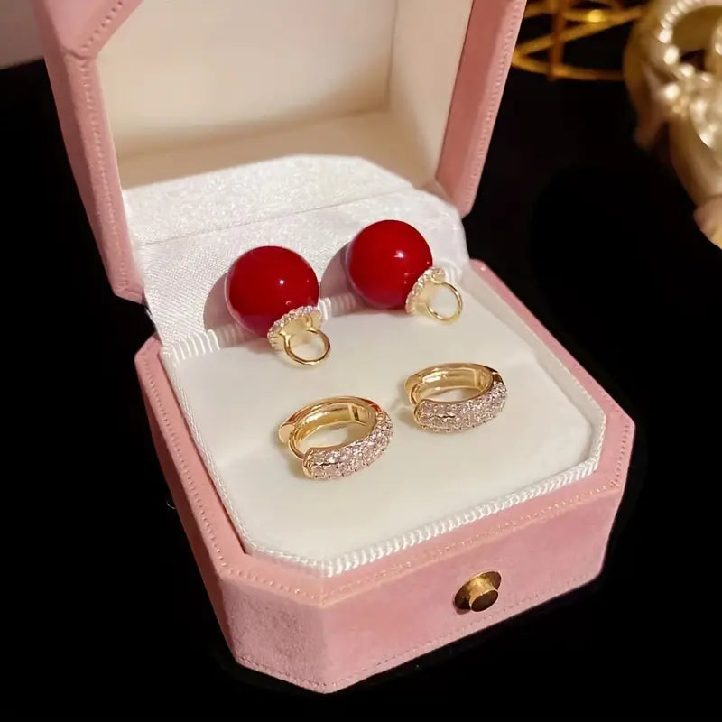 Wholesale Copper Elegant Red Pearls Drop Earrings - Sparkling Zircon Accents, Fashionable Avant-Garde Design, Exquisite Gift Box, Luxury Jewelry for Any Occasion