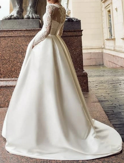 Wholesale Engagement Vintage Formal Wedding Dresses Ball Gown Illusion Neck Long Sleeve Court Train Satin Bridal Gowns With Appliques Pocket