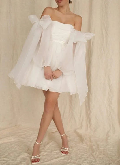 Wholesale Elegant A-Line Puff Long Sleeves Short Wedding Dresses With Bows