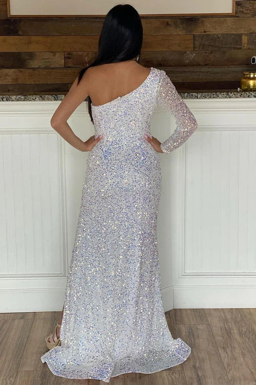 Wholesale Fashion One Shoulder White Sequins Long Prom Dress with Slit