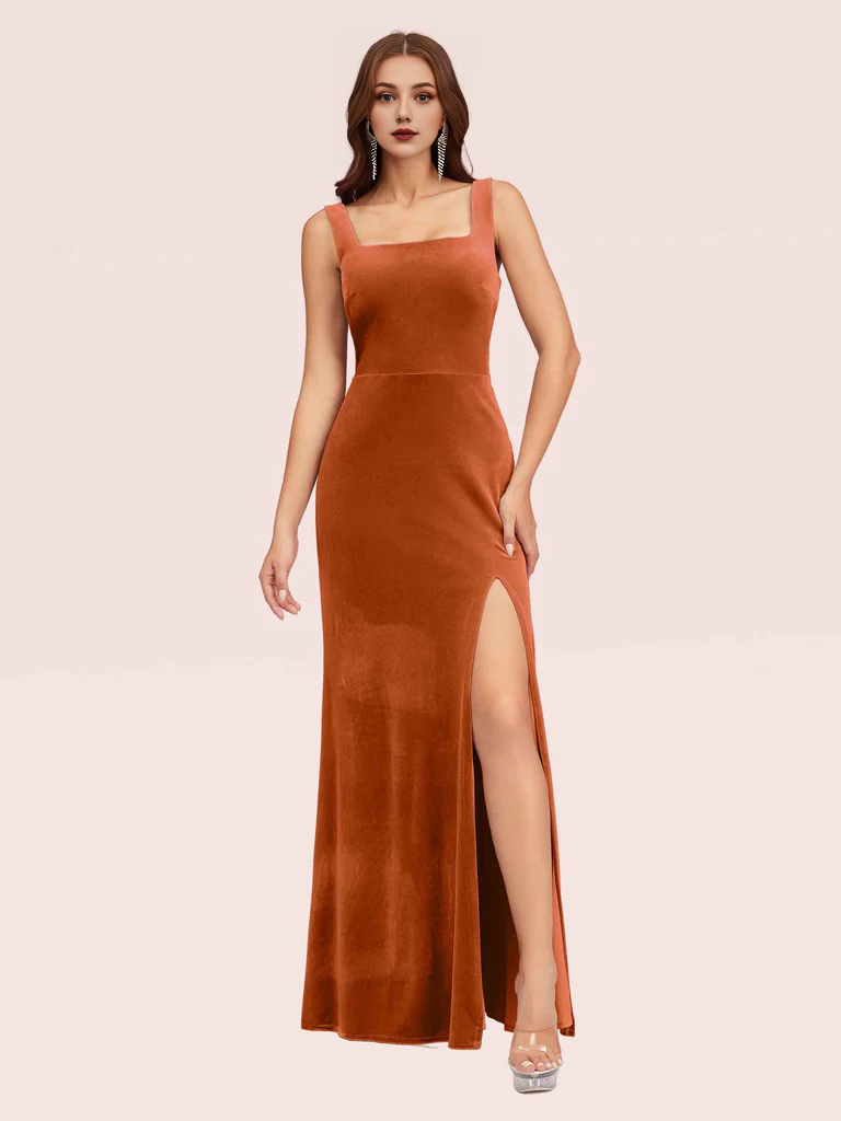 Wholesale Mermaid Bridesmaid Dresses Velvet Square Neck Sleeveless With Slit