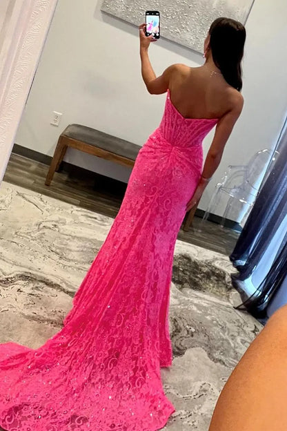 Wholesale Prom Dress Glitter Mermaid Strapless Sweep Train Lace With Slit