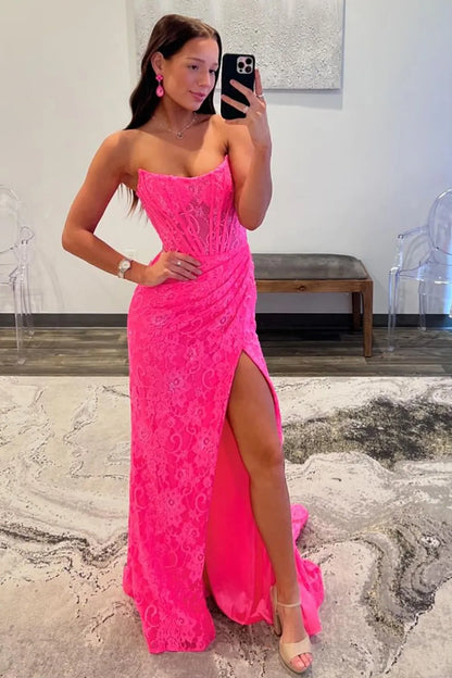 Wholesale Prom Dress Glitter Mermaid Strapless Sweep Train Lace With Slit