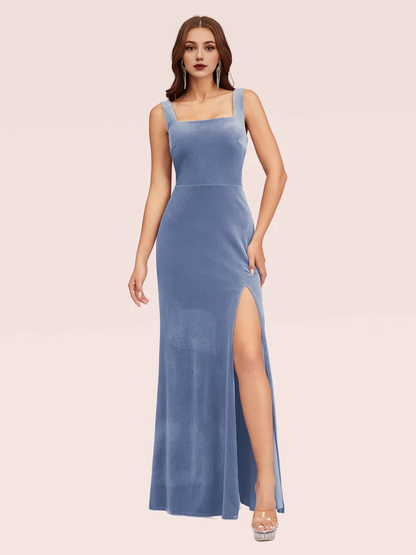 Wholesale Mermaid Bridesmaid Dresses Velvet Square Neck Sleeveless With Slit