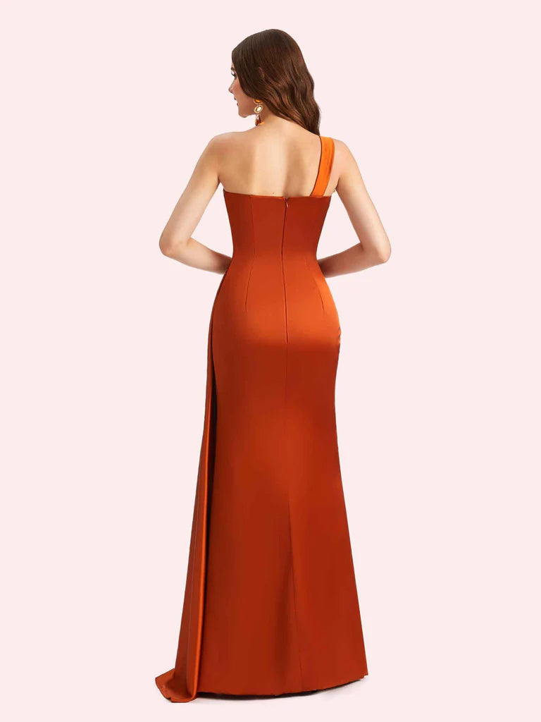 Wholesale One Shoulder Bridesmaid Dress Mermaid Side Slit Soft Satin For Wedding Online