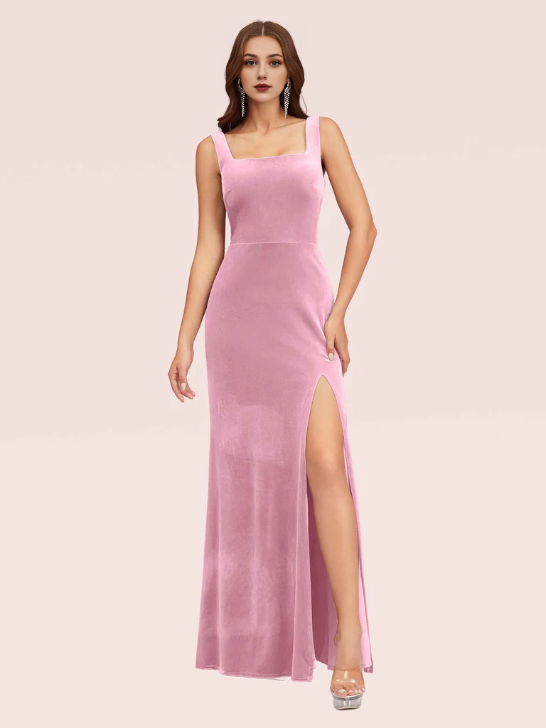 Wholesale Mermaid Bridesmaid Dresses Velvet Square Neck Sleeveless With Slit