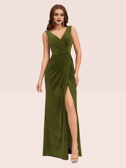 Wholesale Bridesmaid Dresses V Neck Long Velvet Online With Slit