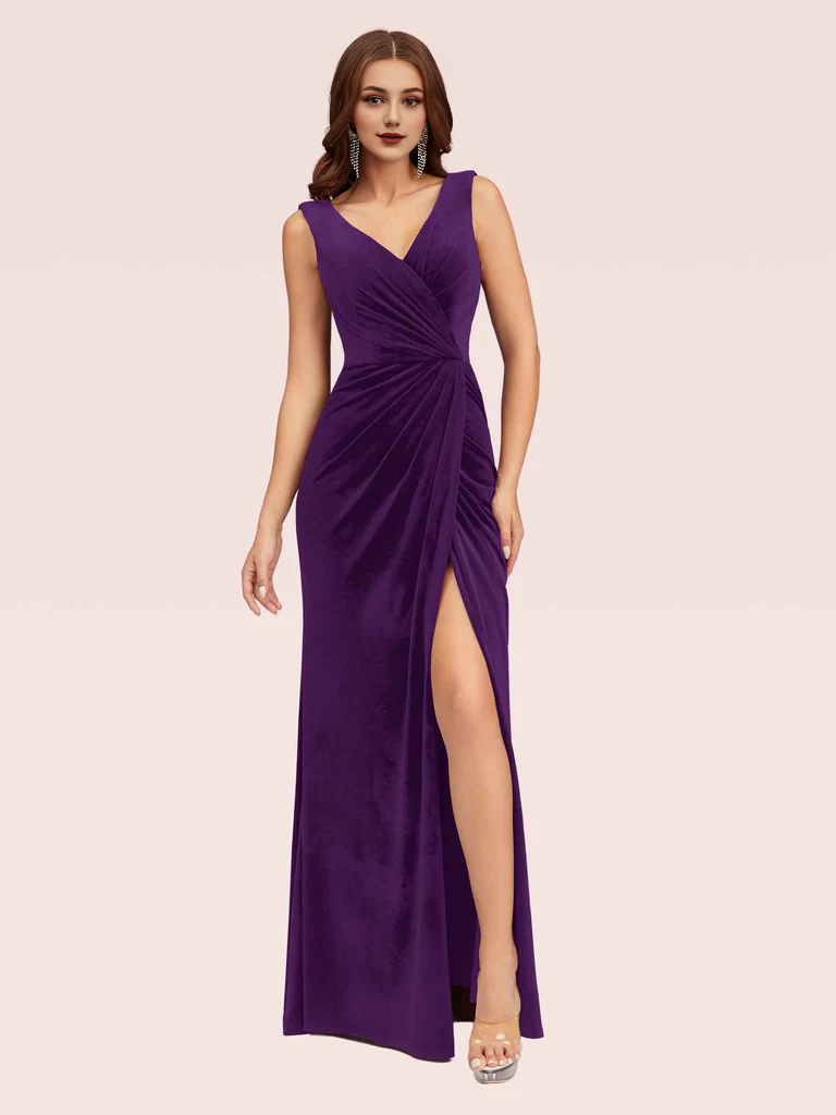 Wholesale Bridesmaid Dresses V Neck Long Velvet Online With Slit